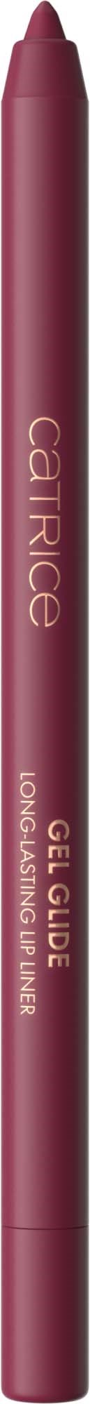 A pink gel lip liner pencil with white text, standing vertically.