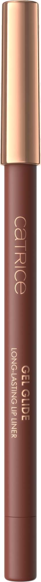 A long, brown lip gloss stick with a gold cap and brand name 'Cathue' on it.