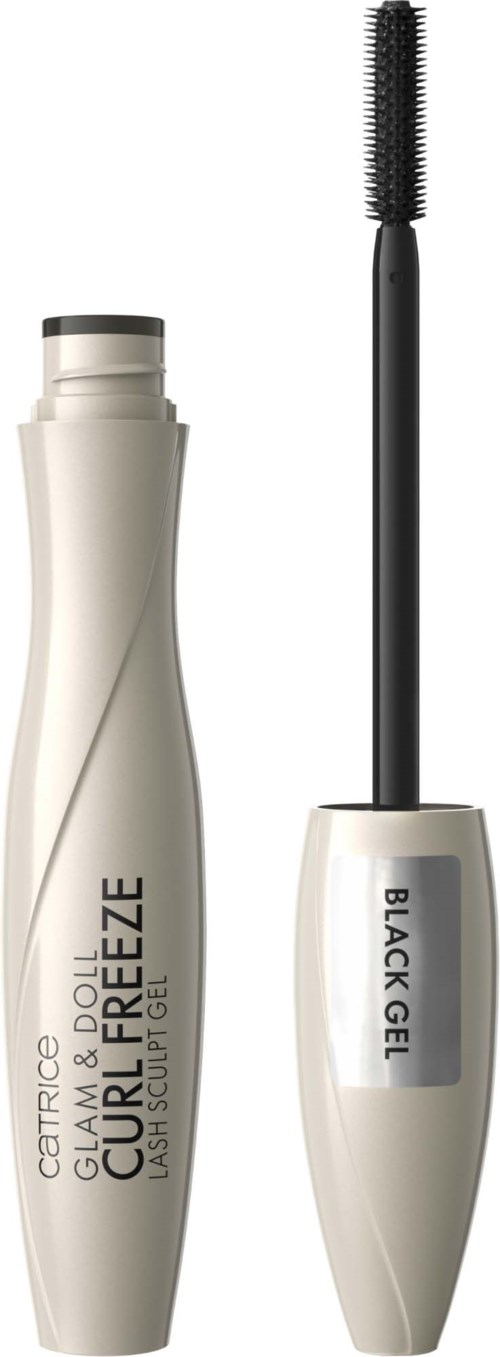 En mascara og børste med buet design, merket CATRICE CURL FOCUS: BLACK GEL.