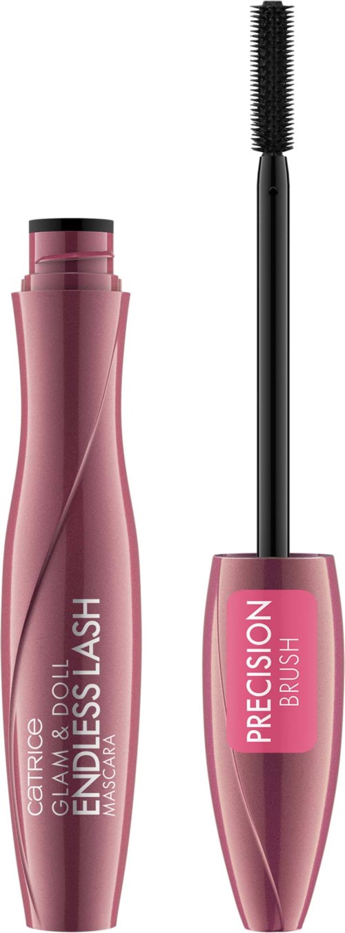 Pink mascara with a curved tube and an open spoolie brush.