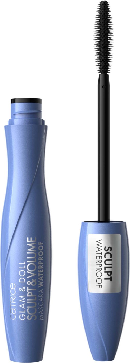 Blauer Mascara-Tube mit schwarzem Bürstchen, beschriftet 'Scandal Waterproof.'