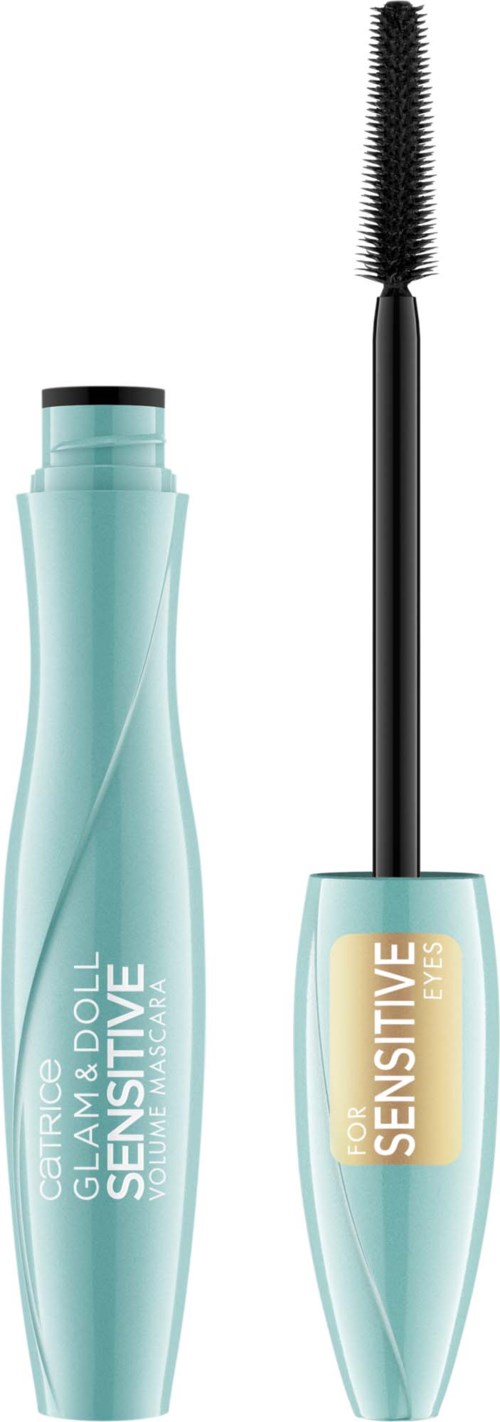 A blue mascara tube with an open wand showing the brush.