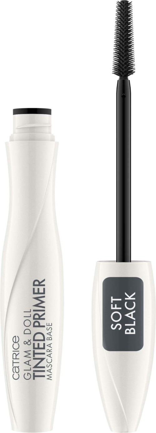 Weiße Mascara-Hülle mit Bürste, beschriftet 'Catrice Glam & Doll Instant Mesh 'n' Mask Mascara' und 'Soft Black'.