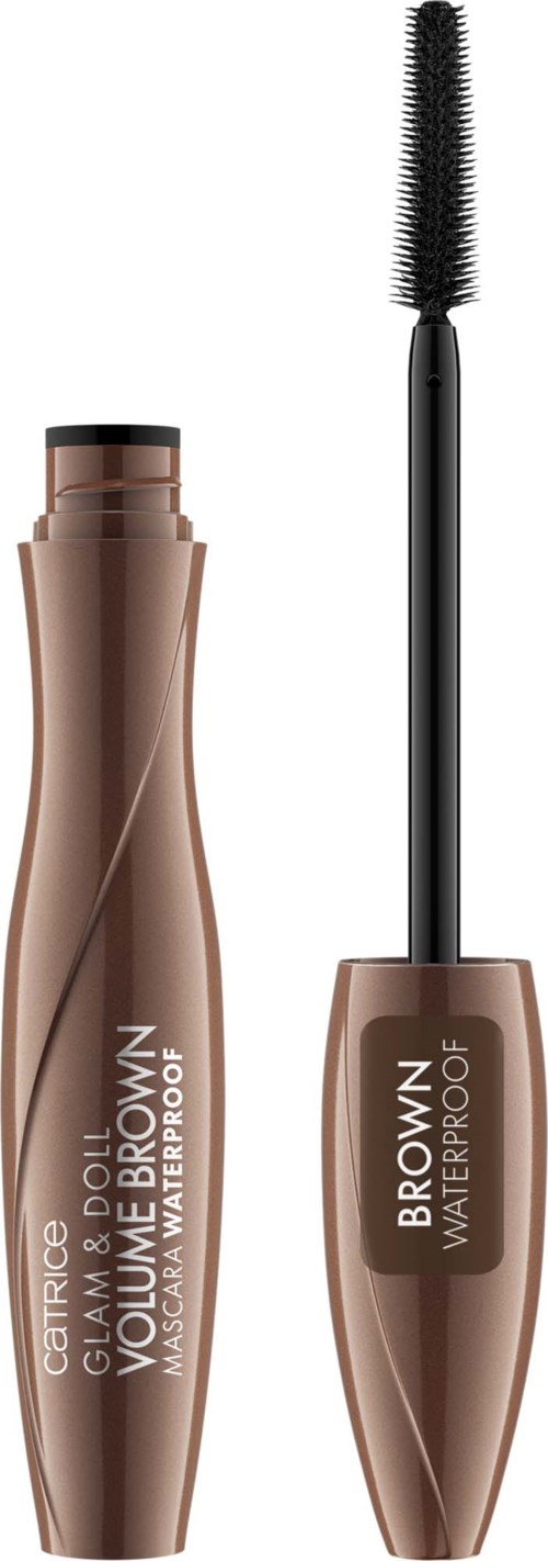 A mascara tube with a curved design and an open brush wand, labeled 'Brow Waterproof'.
