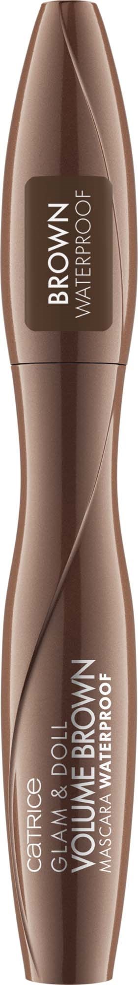 A brown mascara tube with white text, labeled 'BROWN WATERPROOF' and 'VOLUME & CURL'.