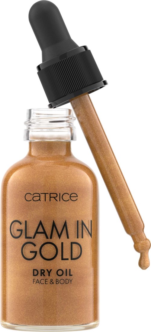 Lasipullo nimeltä 'Glam in Gold', sisältää kuivaöljyä kasvoille ja vartalolle, tippojen kanssa.