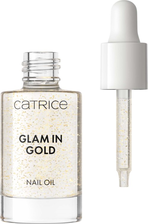 Een heldere nagellakolie fles met label "Glam in Gold" en witte druppeldop.