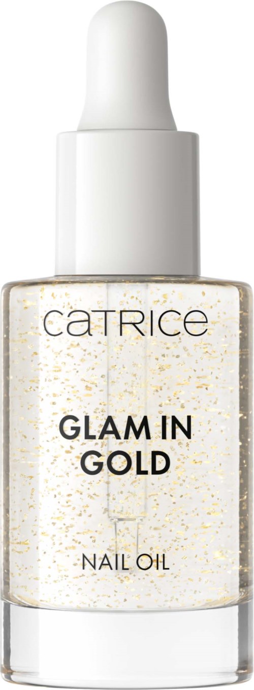 Kleine doorzichtige flesje nagelolie met label 'Glam in Gold' en goudglitter erin.