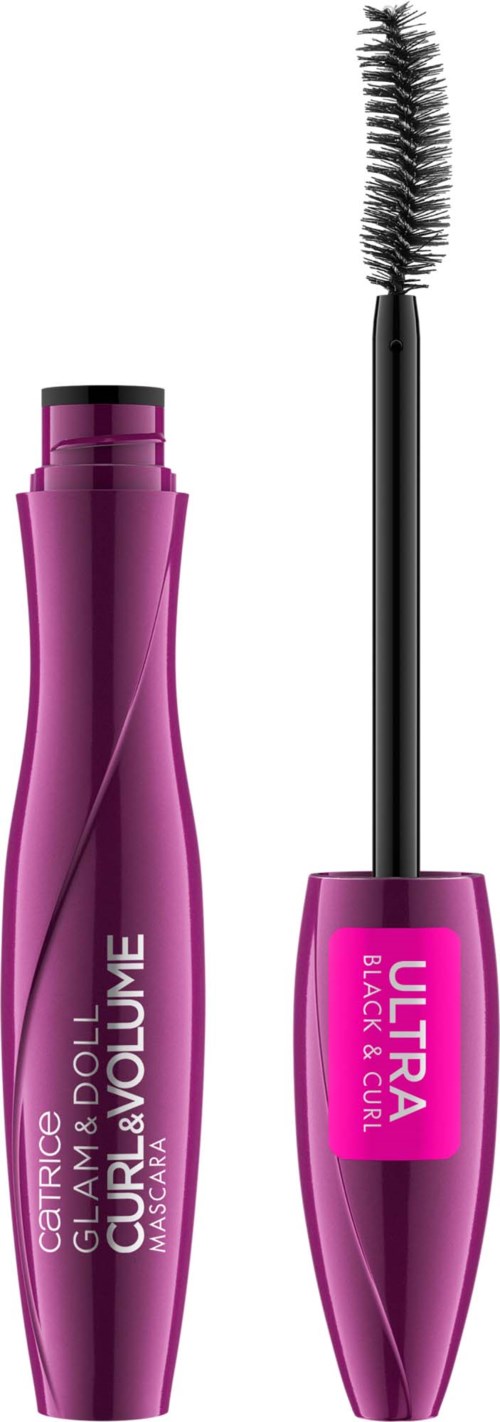 Et lilla mascara-rør med en bøyd form og en mascara-borste med en bøyd børste.