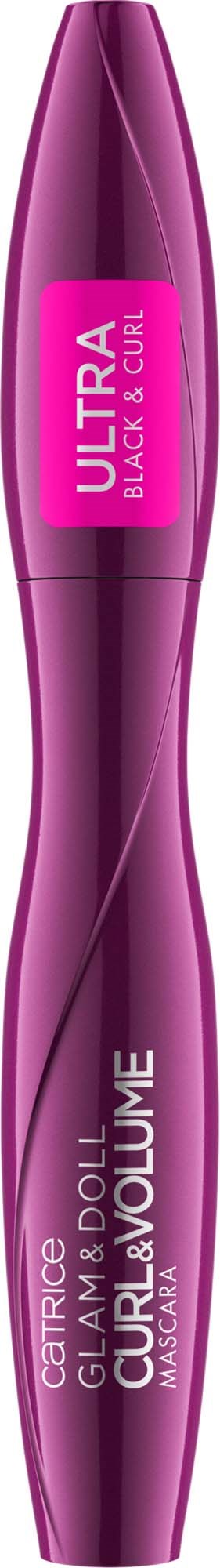 En lilla mascarabestikk med rosa etikett som sier 'Ultra Black & Curl'.