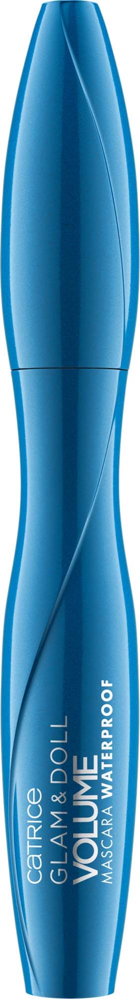Blå mascara-rör med texten "GERRIC DOLL VOLUME" och "WATERPROOF" på.