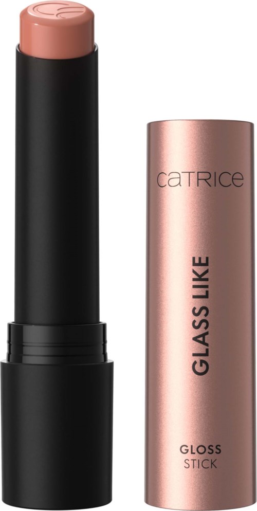 Een lippenstift in pastelroze in een zwart tube, en een bijpassende roze dop met zwarte tekst.