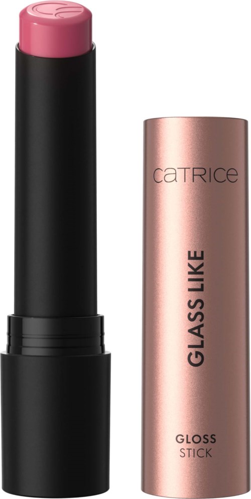 A pink lipstick in a black tube and a metallic pink cap with the words 'GLOSS STICK' and 'GLASS LIKE' written.