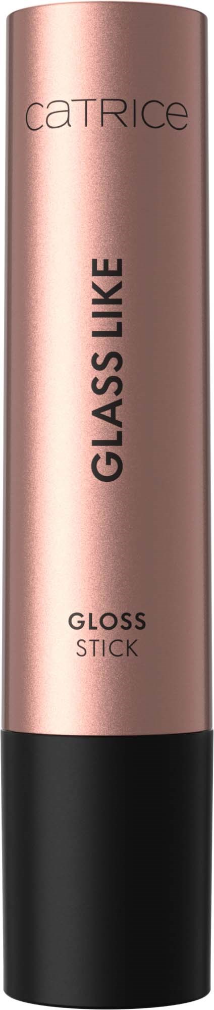 A pink and black cylindrical makeup stick with words: CATRICE, GLASS LIKE, GLOSS STICK.