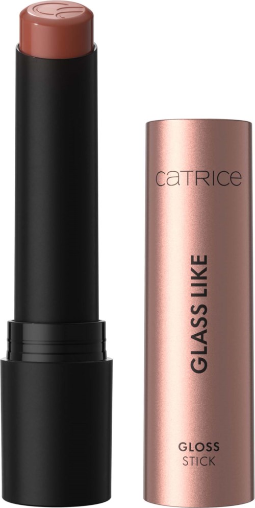 A lipstick with a black case and a rose gold cap, labeled 'Catrice Glass Like Gloss Stick.'