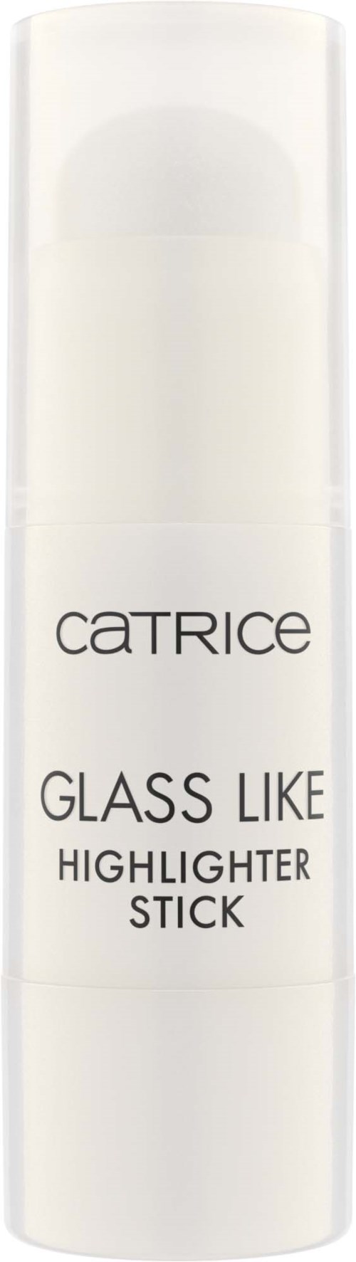 En vit cylindrisk tub märkt Catrice Glass Like Highlighter Stick. Det är en makeupprodukt.