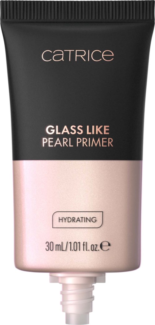 En svart och rosa tub med Catrice Glass Like Pearl Primer, märkt som återfuktande, innehåller 30 ml.