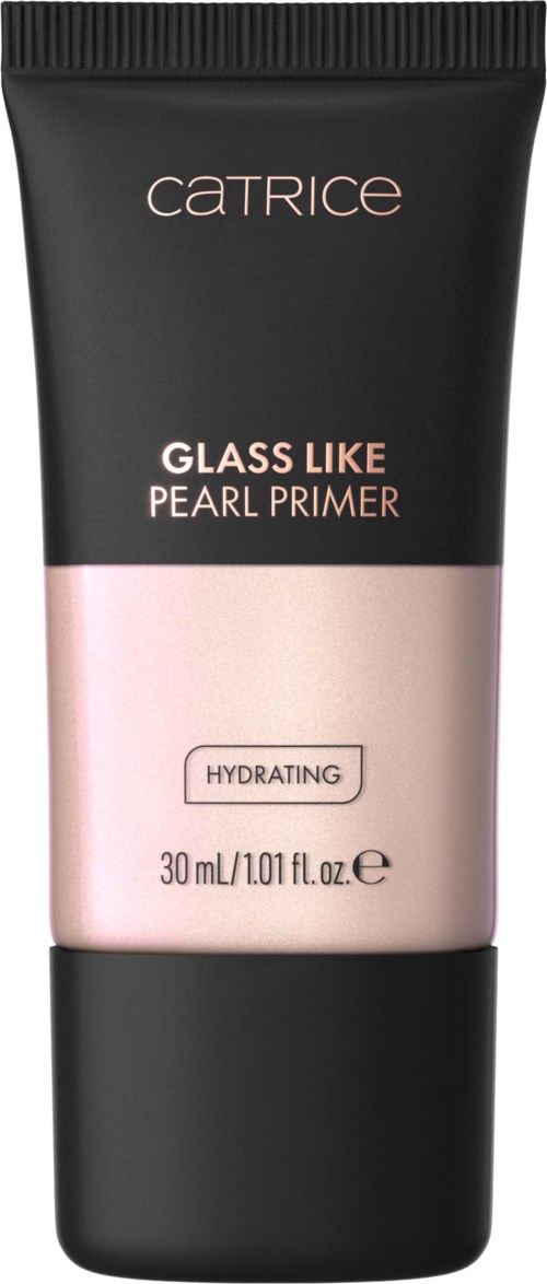 En svart och rosa tub med märket Catrice Glass Like Pearl Primer, 30 ml, fuktgivande, med enkel text.