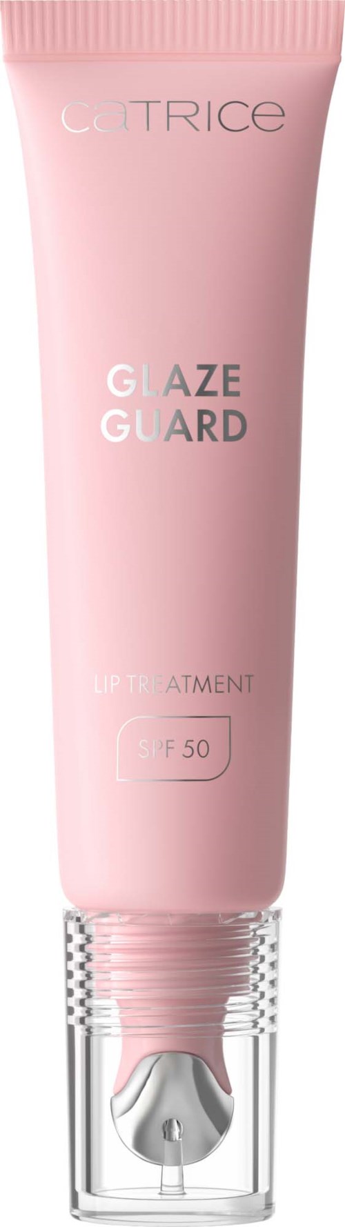 Rosa tube med Catrice Glaze Guard solkrem med SPF 50, klart lokk og pumpe.