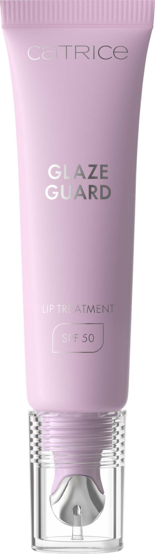 Rød tube av CC Trice Glaze Guard med SPF 50 solkrem og klar hempe.