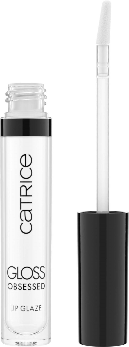 Lippen Gloss Röhrchen mit durchsichtigem Körper, schwarzem Deckel und weißem Applikator.