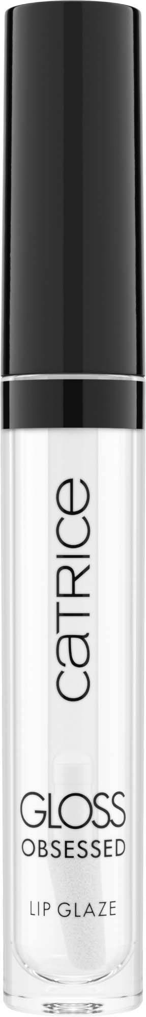 Ein klarer Lippenstift mit schwarzem Deckel, gekennzeichnet mit 'CATRICE GLOSS OBSESSED LIP GLAZE' auf einem schwarzen Hintergrund.