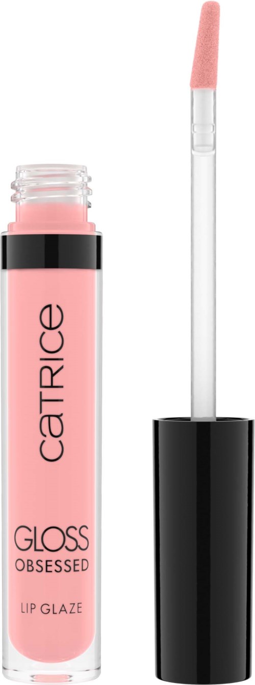 Pinke Lipgloss-Hülsen mit schwarzem Deckel und Applikator. Die Marke ist CATRICE, und auf dem Etikett steht "GLOSS OBSESSED."