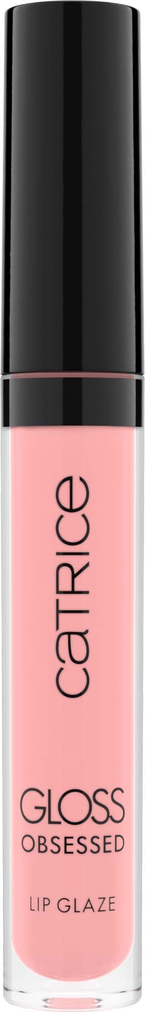 Ein pinkfarbener Lipgloss in einer klaren Tube mit schwarzem Deckel, beschriftet mit 'Catrice Gloss Obsessed.'