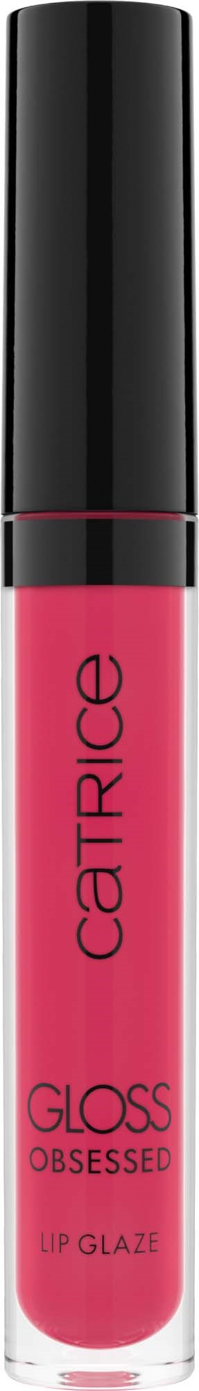 Ein pinkfarbener Lipgloss in durchsichtigem Röhrchen mit schwarzem Deckel, beschriftet 'Catrice Glosss Obsessed.'