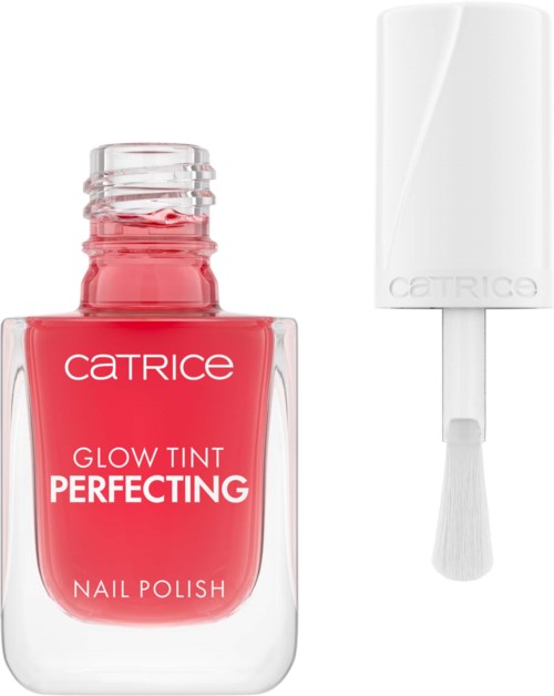 Czerwony lakier do paznokci z białym korkiem i pędzelkiem, oznaczony 'Glow Tint Perfecting'.