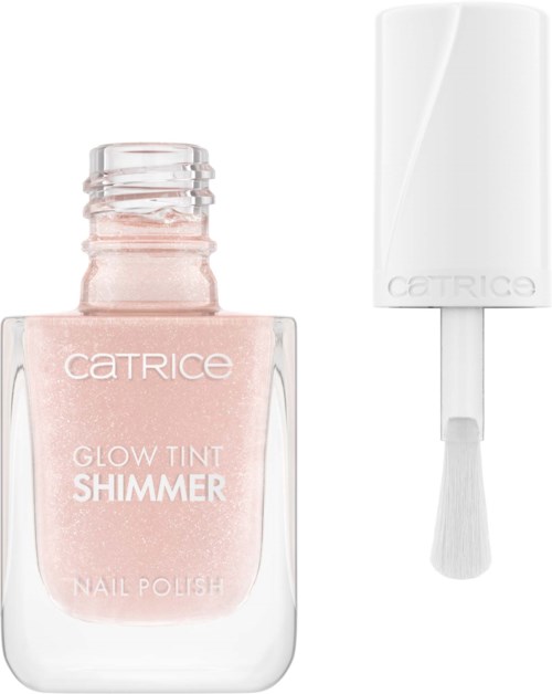 En flaske med Catrice Glow Tint Shimmer neglelakk med hvit lokk og kost inni.