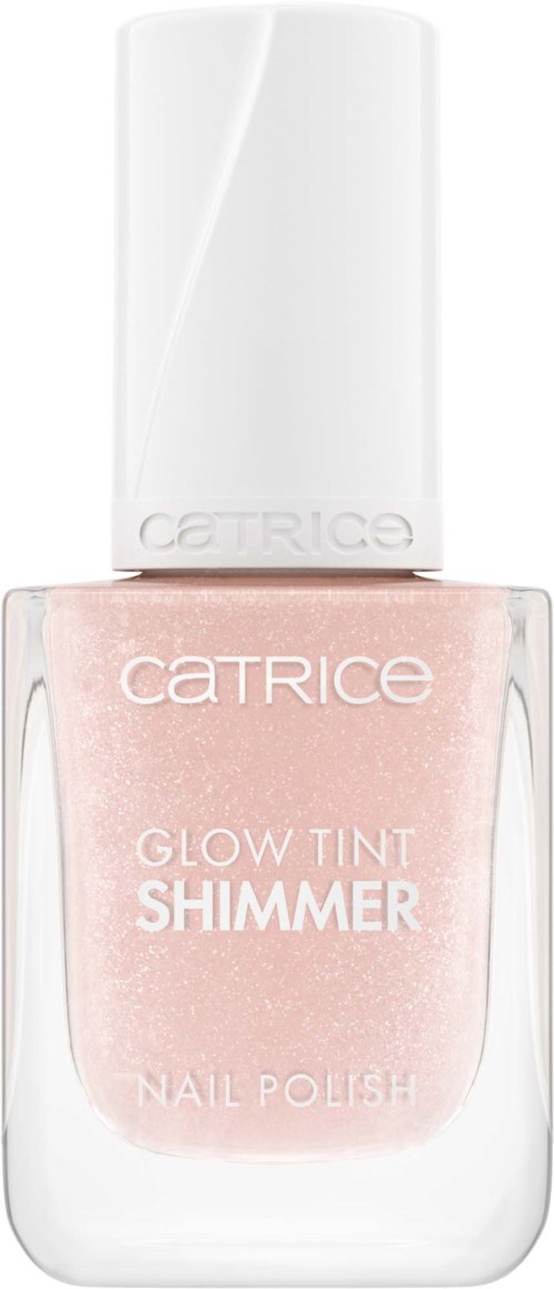En flaske med Catrice Glow Tint Shimmer neglelakk med hvit hette og rosa skimmer inni.