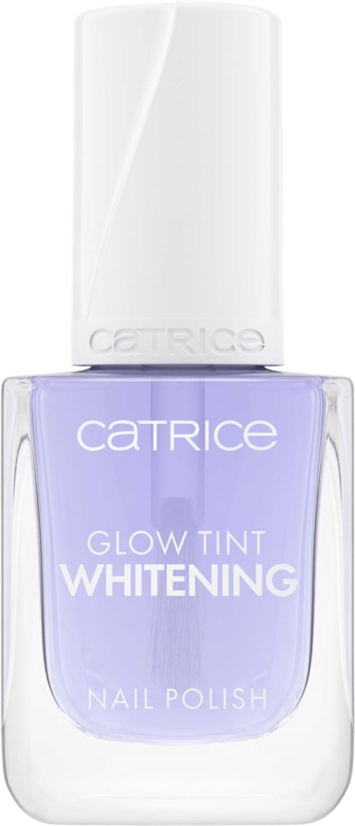 En flaske med lilla neglelakk som heter Catrice Glow Tint Whitening.