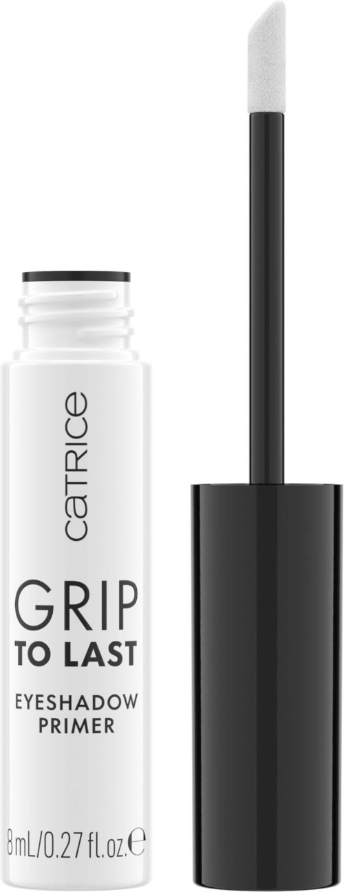 A small white bottle of eyeshadow primer with a black cap and a brush applicator is shown.