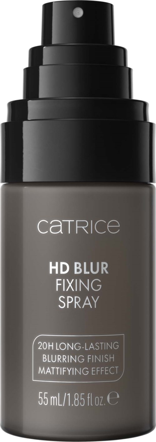 Harmaa pullo Catrice HD Blur Fixing Sprayllä ja mustalla suihkepäässä, sisältää tuotetiedot ja koon.