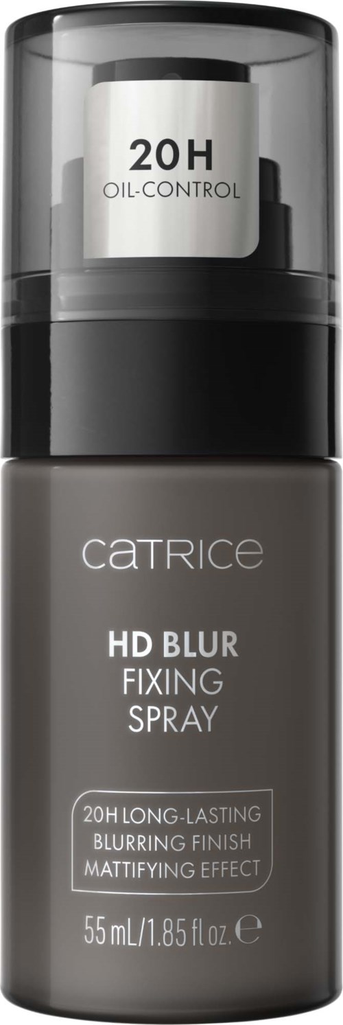 Harmaa pullo Catrice HD Blur Fixing Spray, mustapumppu, merkinnällä 20H öljynhallinta ja pitkäkestoinen.