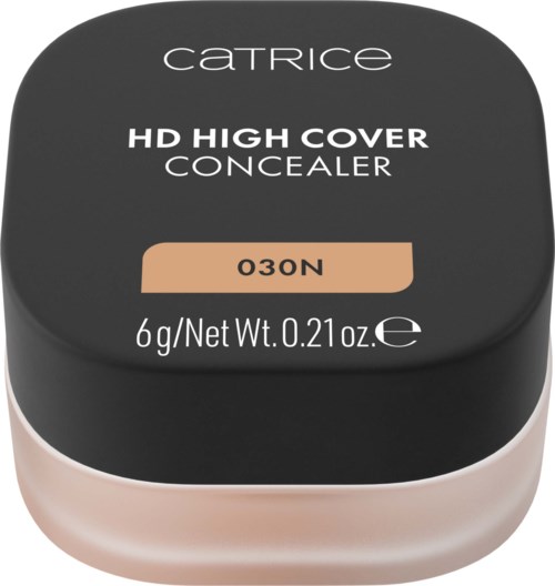 Catrice HD High Cover peiteaineen säilyta, jossa beige kansi ja musta tarra, jonka väri on 030N.