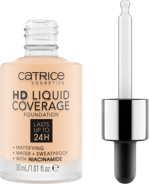 Eine Flasche Catrice HD Liquid Coverage Foundation mit Tropfer daneben. Das Etikett sagt, es hält bis zu 24 Stunden.