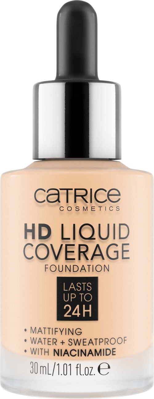 Flasche mit Catrice HD Liquid Coverage Foundation mit Tropfer, bezeichnet als bis zu 24 Stunden haltbar.