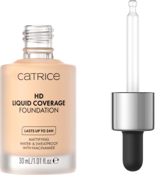 Catrice HD nestemäinen meikkivoide pullo ja pipetti, beigen sävy ja tuotemerkin teksti etikettissä.