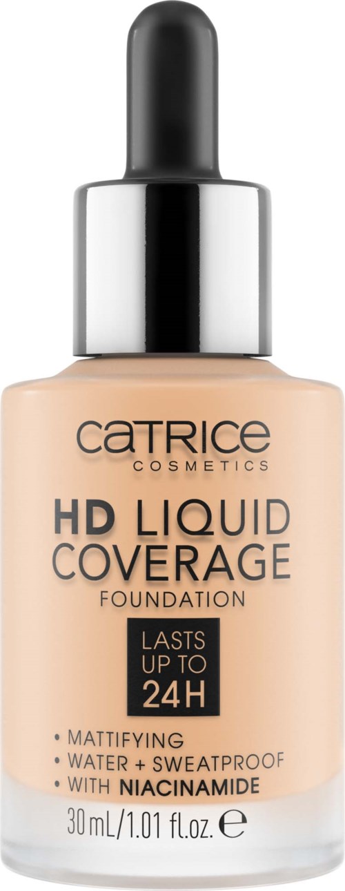 Eine Flasche Catrice HD Liquid Coverage Foundation mit Tropferkappe, für langanhaltendes, wasser- und schweißfestes, mattes Finish.