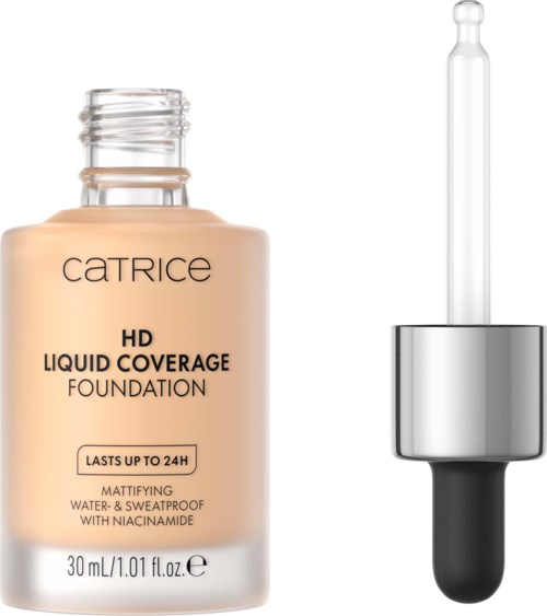 Catrice HD Liquid Coverage Meikkivoide ja pudotustyökalu valkoisella taustalla.
