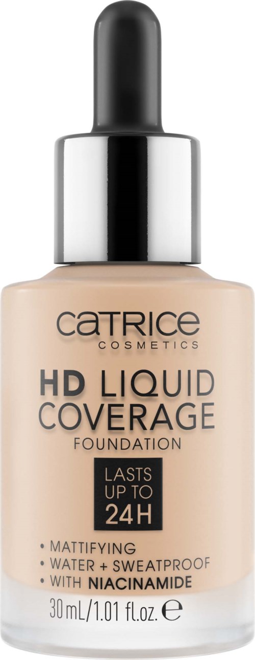 Flesje Catrice HD Liquid Coverage foundation met pomp, beschrijven als tot 24 uur houdend en waterdicht.
