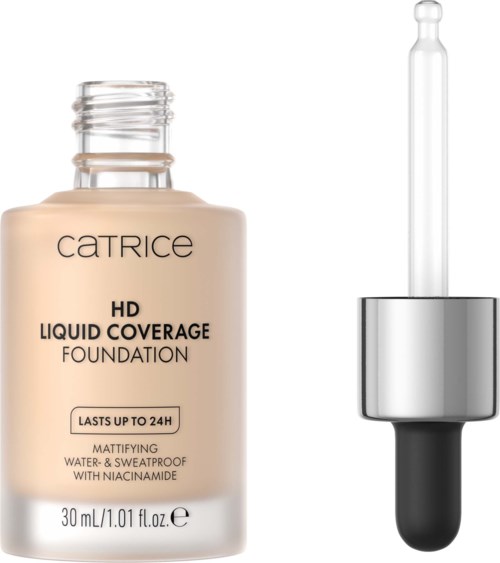 Catrice HD Liquid Coverage Foundation -pullo ja tippa.