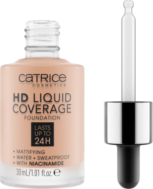 Beige Flasche mit Catrice HD Liquid Coverage Foundation und Tropfer, für langanhaltenden, wasserdichten und matten Look.