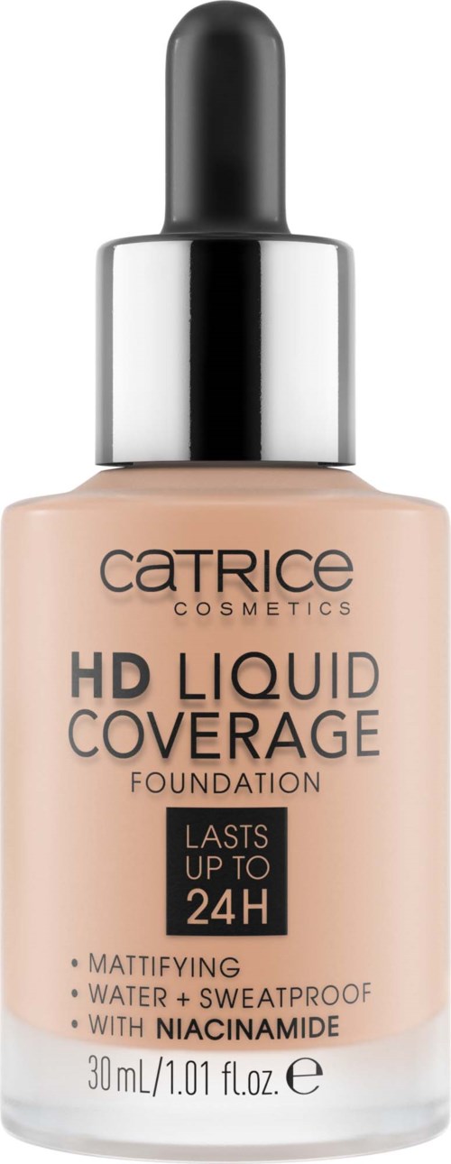 Eine Flasche Catrice HD Liquid Coverage Foundation mit Tropfer, die als bis zu 24 Stunden haltbar gekennzeichnet ist.