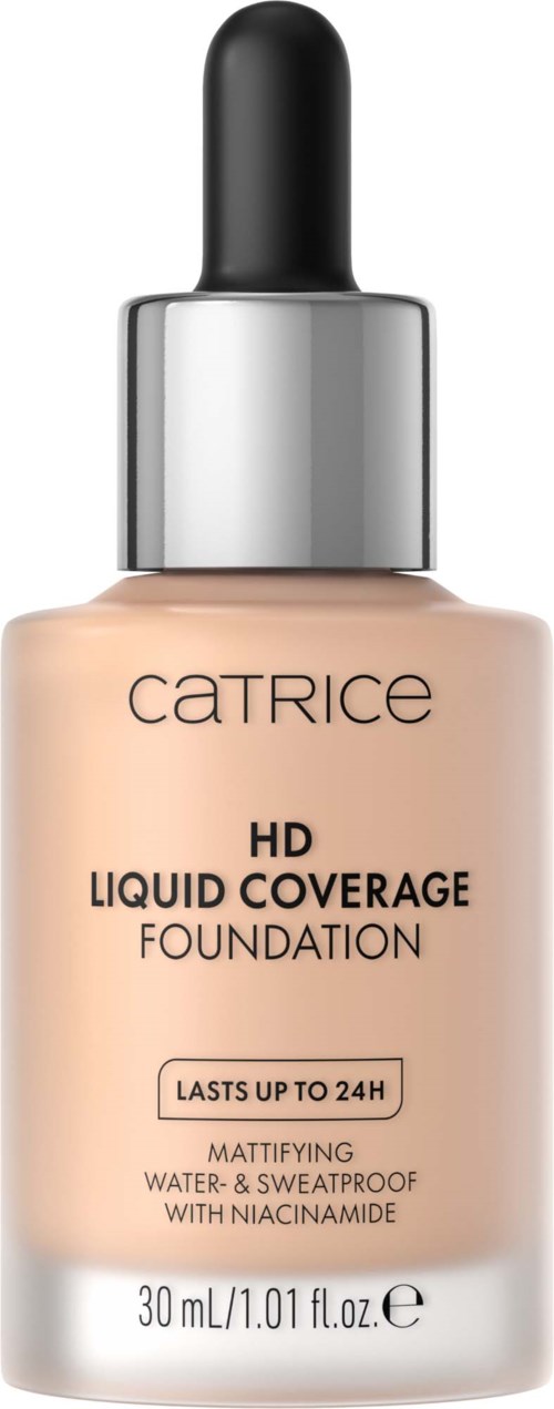 Catrice HD Liquid Coverage Foundation -pullot, jossa musta tiputaite ja beige neste, etiketti sisältää tuotetiedot.