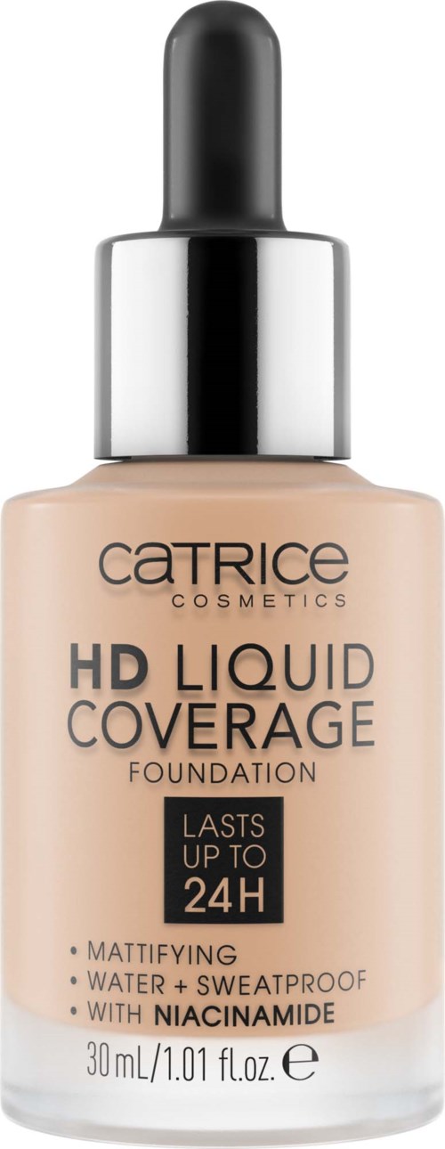 Eine beige Foundation-Flasche mit schwarzem Tropfenzwinge, beschriftet 'Catrice HD Liquid Coverage', hält bis zu 24 Stunden.