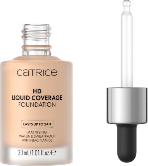 Catrice HD Liquid Coverage Foundation pullo ja aplikaattori, jossa tuotetiedot.