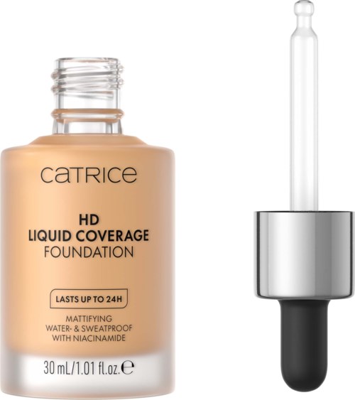 Catrice HD Liquid Coverage Meikkivoide pullossa, mukana applicator, etiketti näyttää 30 ml ja jopa 24 tunnin kestävyys.